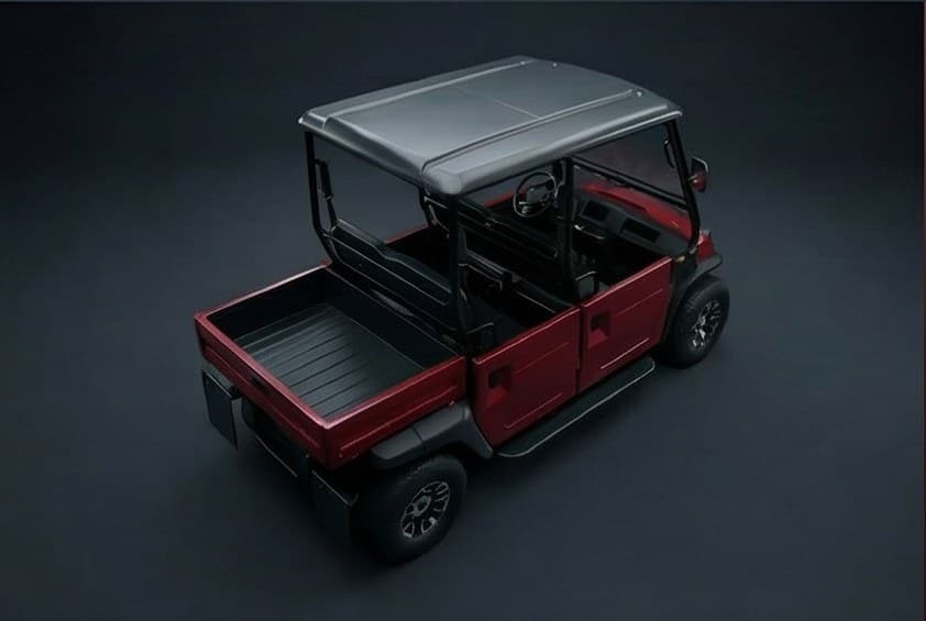 Top-down studio view of the Raphion ThingEv showing crew cab and cargo bed